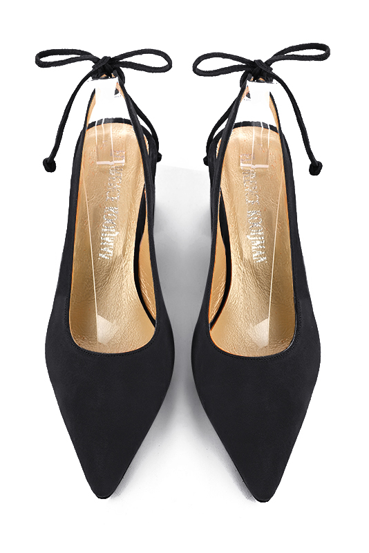 Matt black women's slingback shoes. Pointed toe. Medium flare heels. Top view - Florence KOOIJMAN